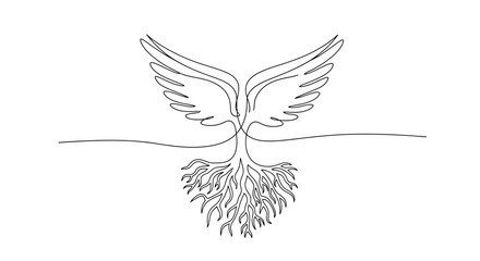 Fototapeta premium Abstract single line drawing of a tree with wings and roots, symbolizing growth and freedom