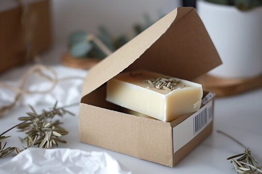 A bar of soap is sitting in a brown box