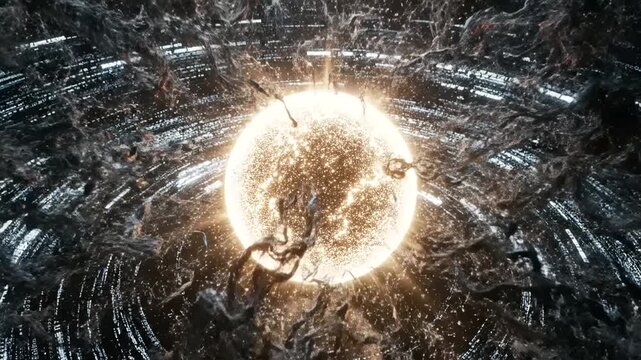 A bright, glowing orb pulsates amidst dark, organic, root like structures.