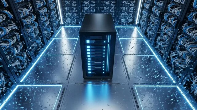 A large server rack stands in a futuristic, glowing data center. Blue light emanates from cables and floor panels in a secure environment.