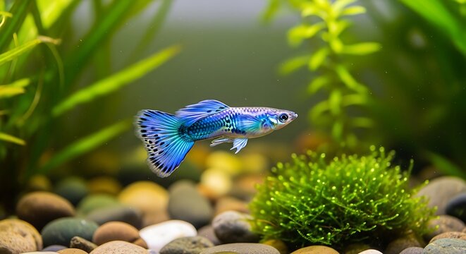 Blue guppy swimming in aquarium water.