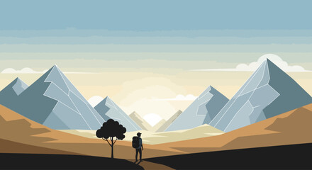 Lone traveler with backpack stands on path contemplating journey. © Haroh