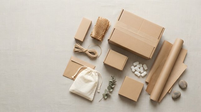 Top view flat lay of eco-friendly packaging materials including cardboard boxes, kraft paper rolls, honeycomb wrap, natural twine, fabric drawstring bag, and biodegradable packing peanuts.