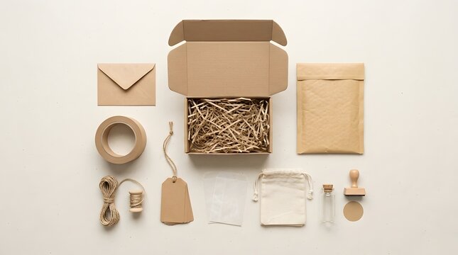 Sustainable packaging materials flat lay with open cardboard box, shredded paper filler, kraft envelopes, packing tape, twine, cotton drawstring bag, glass vial and wooden stamp.
