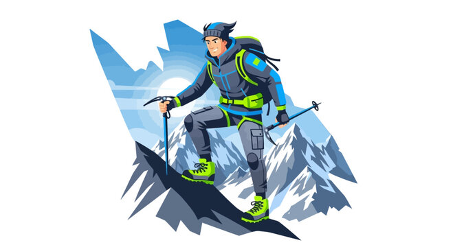 Male mountaineer in climbing gear ascending a rugged mountain peak.