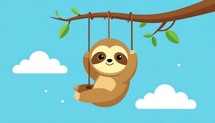 Obraz premium Cute Sloth Hanging from Tree Branch.