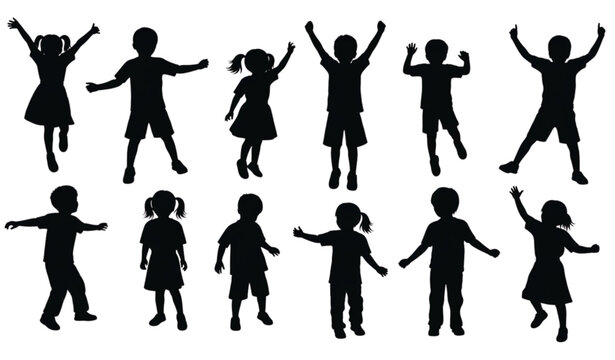 Modern kids jumping silhouette collection with active children outline vector design
