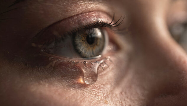 Extreme close up of a human eye shedding a single tear drop of sorrow