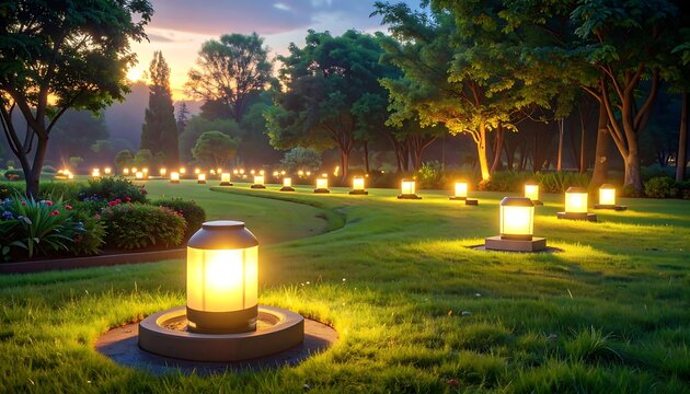 A serene park scene at dusk. Soft light illuminates a grassy lawn, guiding the viewer's eye along a winding path