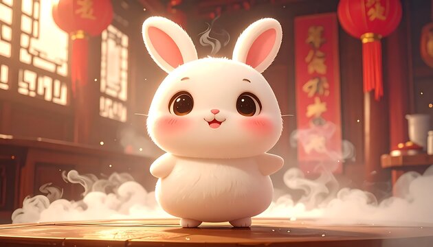 Cute white rabbit in Chinese room.