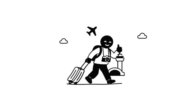 Animated line illustration featuring people traveling at an airport with icons of suitcases, cameras, bags and airplanes.
