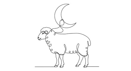 Continuous Line Drawing of a Sheep Under a Crescent Moon © Untung