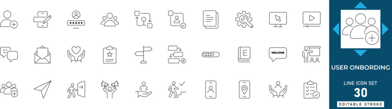 User onboarding line icon set featuring app welcome, guide, process, registration, profile setup, and walkthrough. Professional editable vector illustration.
