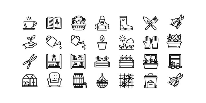 Icon set collection of gardening lifestyle accessories including boots, aprons, sun hats, greenhouse sheds, and cozy outdoor furniture for a complete garden experience.