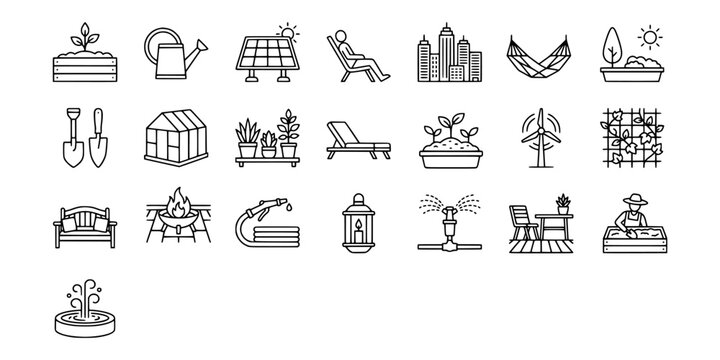Icon set collection of outdoor garden features including solar panels, windmills, hammocks, fountains, fire pits, and patio furniture for sustainable backyard landscape design
