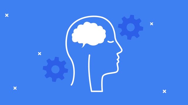 Abstract animation of a human head silhouette with a brain and rotating gears inside showing intelligence and mental process.