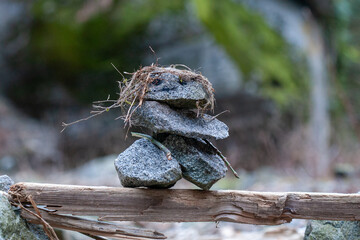 Obraz premium Stone cairn resembling a figure with a nest on its head in a forest setting