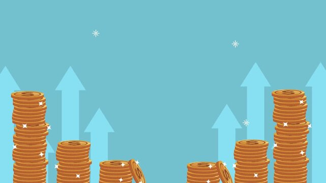 Dynamic motion graphics animation of increasing coin stacks with upward arrows symbolizing financial growth and success on light blue background.