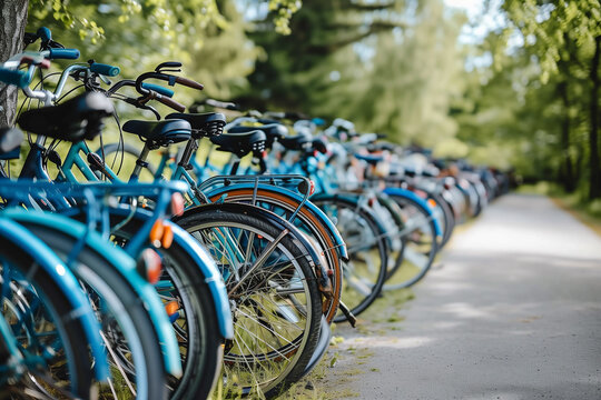 A row of bicycles are parked on a sidewalk