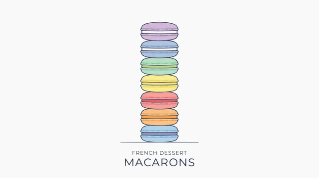 Colorful French macarons stacked in a tower on a white background with text