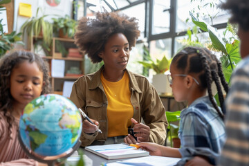 Fototapeta premium A woman is teaching a group of children about the earth