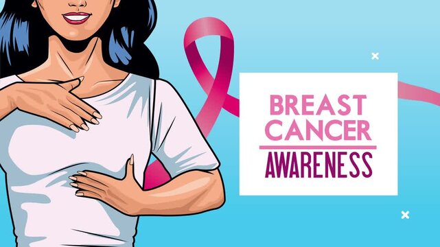 Woman performs breast cancer awareness self exam with pink ribbon and text overlay.