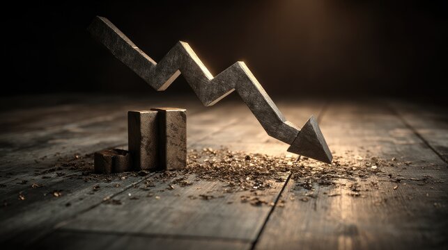 Symbolic representation of declining market trend with arrow graphic and blocks on wooden surface, emphasizing financial downturn and economic challenges.