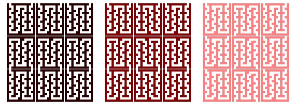 Set of three seamless geometric maze patterns in red and pink tones, abstract labyrinth background