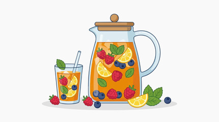 Fototapeta premium Refreshing fruit infused pitcher and glass of orange drink with berries and lemon slices