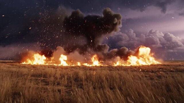 A massive explosion erupts in a dry field with flames and smoke rising dramatically against a stormy sky