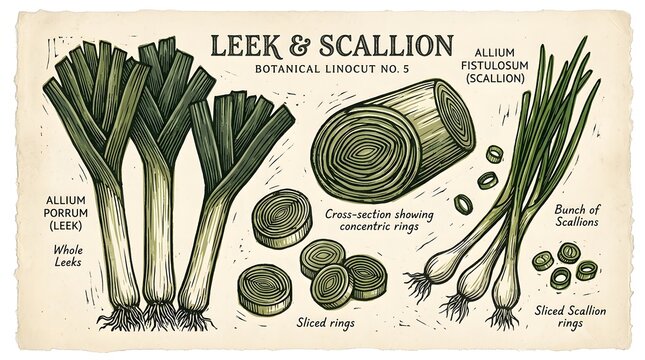 Leek and scallion botanical linocut illustration