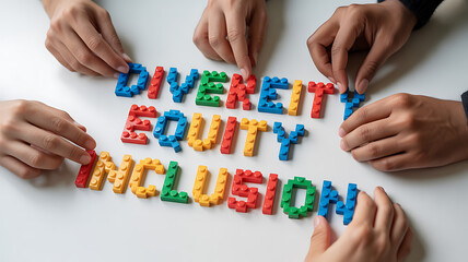 Obraz premium Hands arranging colorful blocks spelling diversity equity inclusion emphasizing teamwork and professional collaboration