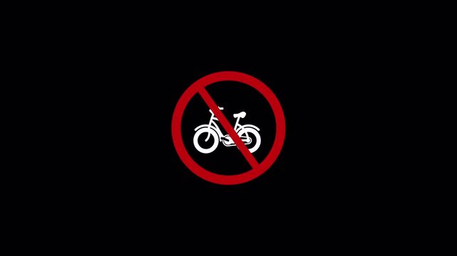 Cycling prohibited warning animation, stop bicycle access waning animation on transparent background ,no bicycle allowed warning sign animation in 4k with Alpha channel