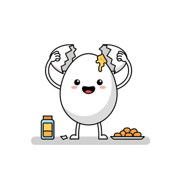 Happy cartoon egg character with cracked shell and smiling face.