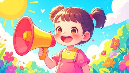 Naklejka premium Little girl holding megaphone in garden.
