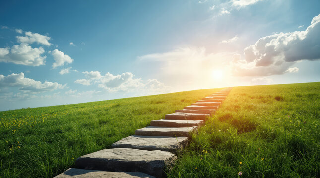 Stone path leading through green meadow toward sunrise with hopeful light