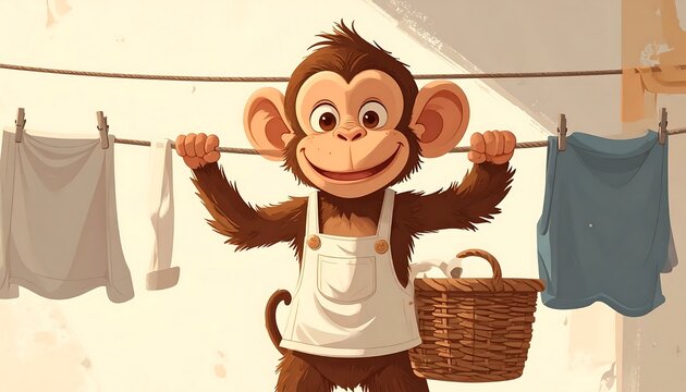 Monkey hanging clothes on a line.