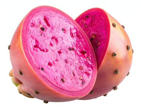 Halved prickly pear fruit showcasing vibrant pink flesh and tiny black seeds.