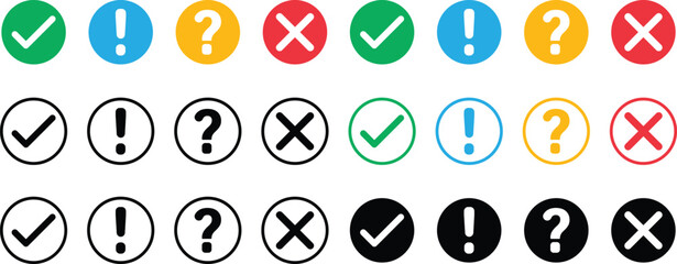 A set of circles icons with check mark, cross, exclamation and question marks for user interface design. vector illustration. © Shadex Studio