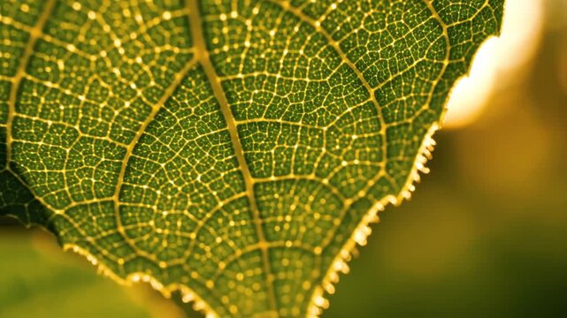 Macro view of green leaf with golden backlighting and veins