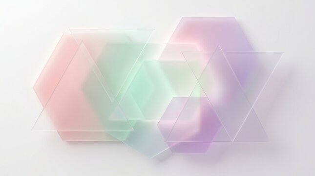 Minimalist geometric abstract background, soft pastel gradients, overlapping translucent triangles and hexagons, clean modern composition, subtle depth, high resolution, 8k, elegant color palette of b