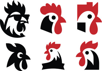 Vector illustration set featuring six modern geometric rooster and chicken head icons. Includes black silhouette, black with red comb, red pixel art, and combination styles. Perfect for poultry farm b © Netsolbiz