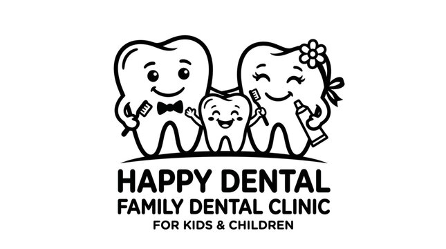 Smiling cartoon teeth characters dental logo.