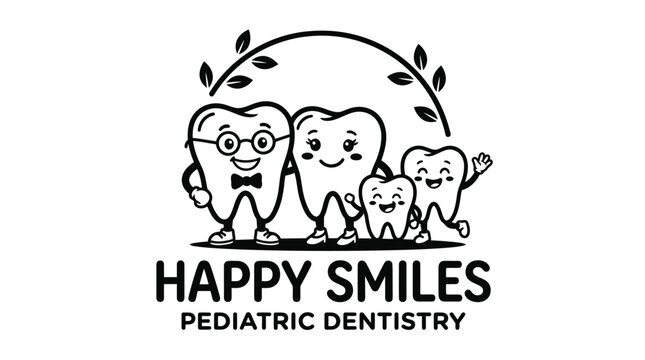 Dental logo with smiling teeth characters.