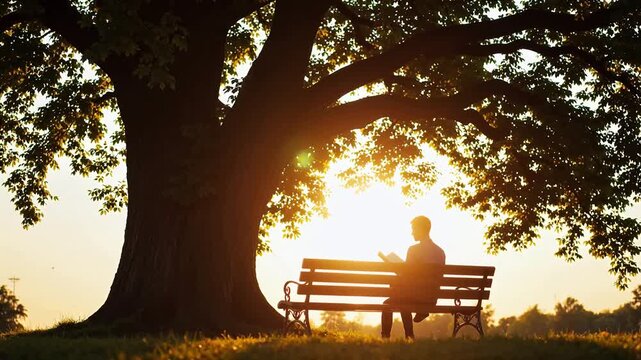 Person reading on bench under tree at sunset for outdoor lifestyle brands and nature documentaries