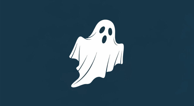 Minimalist white ghost illustration with a surprised expression, featuring oval eyes and an open mouth, isolated on a dark navy blue background for Halloween graphic design.