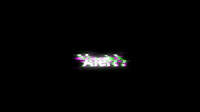 Glitch style warning text animation, bold 4K loop motion design with digital distortion and futuristic warning typography on a black background in HD animation.