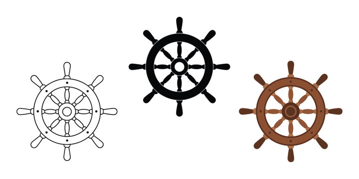 Classic wooden ship helm nautical steering wheel icon outline silhouette vector set of three isolated on transparent background