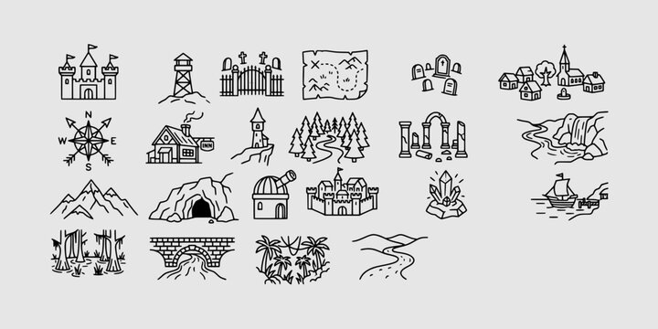 Icon set collection of fantasy map elements including castles, mountains, caves, forests, ruins, and mystical landmarks for RPG and adventure gaming designs.