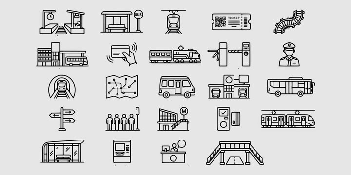 Icon set collection of public transit infrastructure including metro stations, buses, trains, ticketing systems, passenger platforms, and urban commuter transport services.